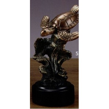 Bronze Finish Sea Turtle Trophy w/Coral & Round Base (4"x6.5")