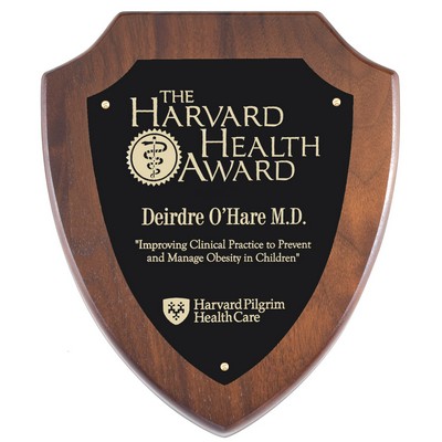 Walnut Shield Plaque with Black Brass Plate, 10 x 12"
