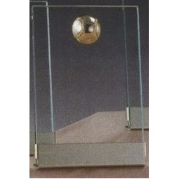 Clear Glass Plaque Award w/Gold Baseball Accent, Gold Plastic Mounts & Base (7"x9.5")