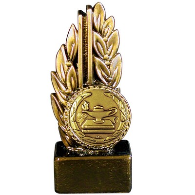 Stock 7" Laurel Trophy With 2" Lamp of Knowledge Coin and Engraving Plate