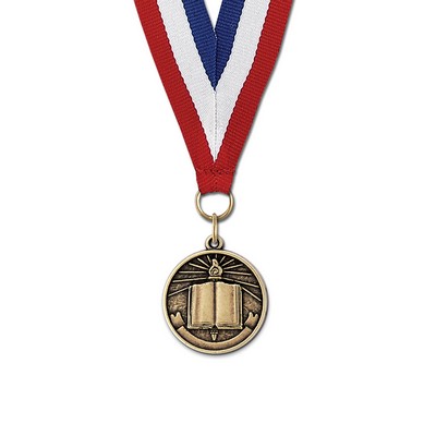 Open Book Cast CX Medal w/Red/White/Blue or Year Grosgrain Neck Ribbon (1 1/8")