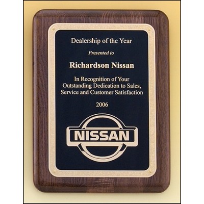 Walnut stained piano-finish plaques with black textured center and florentine border plates