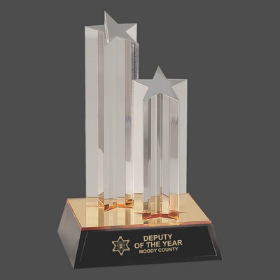 Clear Double Star Column Acrylic Award w/Gold/Black Base (9½")