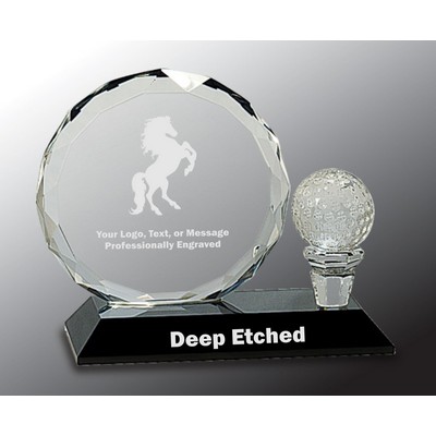 5 1/2" Round Facet Crystal with Golf Ball on Black Pedestal Base Crystal Award