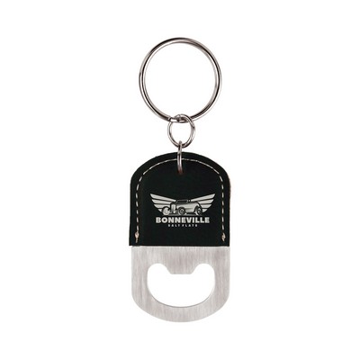 Leatherette Bottle Opener Keychain (Black/Silver)