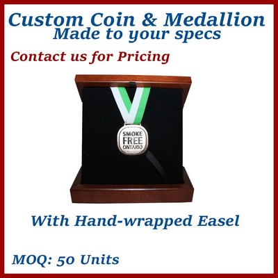 Executive Medallion Presentation Wooden Box w/ Flat or Easel Stand View - Made to Order