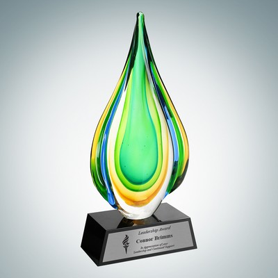 Art Glass Rainforest Award w/ Black Base & Silver Plate