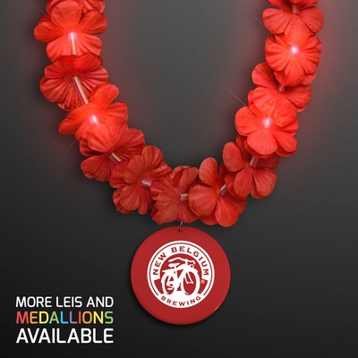 Light Up Red Lei Flower Necklaces with Red Medallion - PRINTED