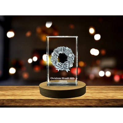 3D Engraved Crystal Christmas Wreath w/Ribbons