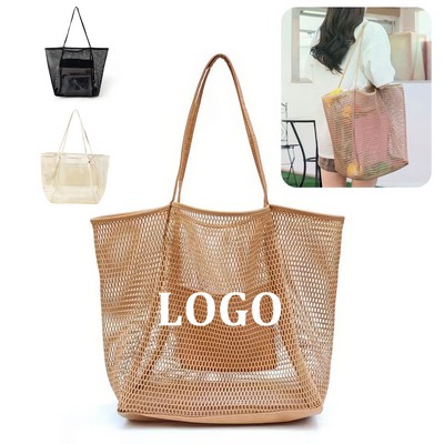 Mesh Beach Tote Women Shoulder Handbag w/Front Pocket