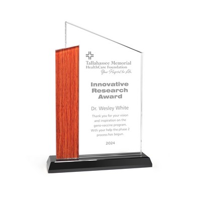 Slant Top Crystal Award with Wood Edge Imprint (6 1/4"x8")