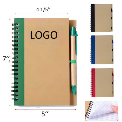 2-in-1 Custom Kraft Paper Hard Cover Coil Notebook Set w/Click Action Ballpoint Pen