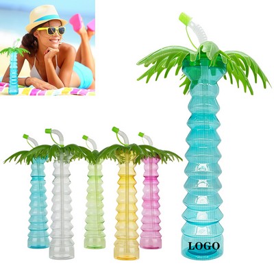 17 0z Tropical Summer Coconut Tree Bottle With Straw