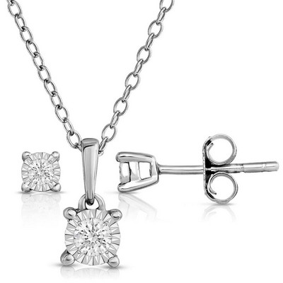 Jilco Inc Diamond Solitaire Sterling Silver Earrings And Necklace Set