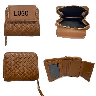 First Layer Cowhide Double-Fold Zipper Short Change Wallet