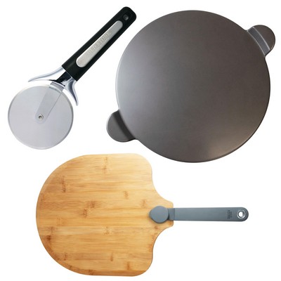 KitchenSupply Old Stone Pizza Kitchen - Glazed Pizza Stone, Bamboo Peel, & Pizza Cutter Set