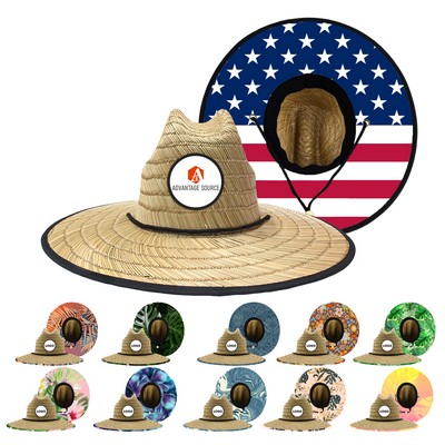 Wide Brim Straw Sun Hat with Printed Underbrim and Patch Logo