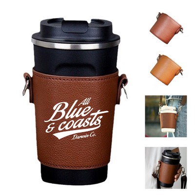 Leather Coffee Cup Holder with Strap