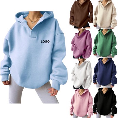 Women's Oversized V-Neck Fleece Hoodie Pullover