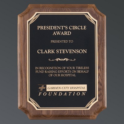 Premium Walnut Piano Finish, Notched Rectangle, Black Brass Plate w/Florentine, Large (9"x12")