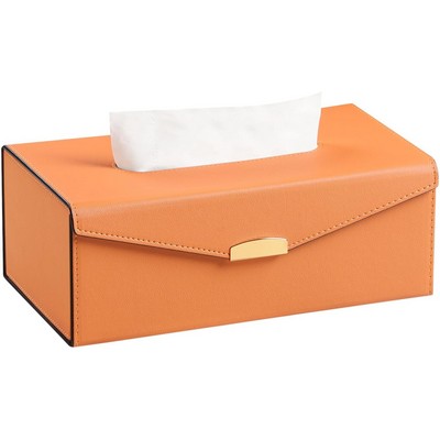 Rectangular PU Leather Tissue Box Holder - Foldable Decorative Cover with Gold Accent