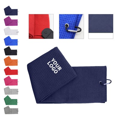 Tri Fold Waffle Weave Golf Towel With Embroidery