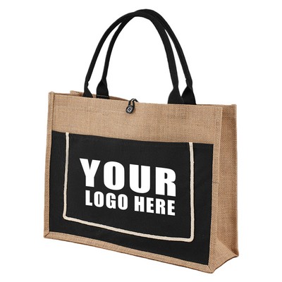 Jute Shopping Tote Bag with Front Pocket(18.1"X5.5"X13.8)