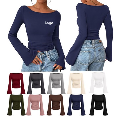 Crop Tops for Women Boat Neck Bell Sleeve Shirts Basic Soft Trendy Ribbed Ruched Long Sleeve Shirts