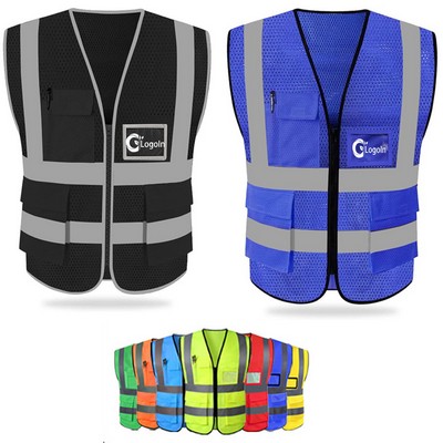 High Visibility Mesh Safety Reflective Vest with Pockets and Zipper