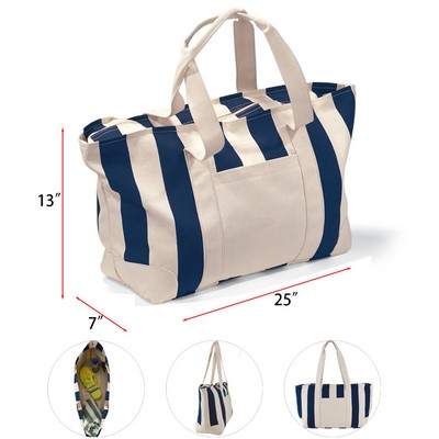 Zipper Top Large Capacity Striped Canvas Tote Bag