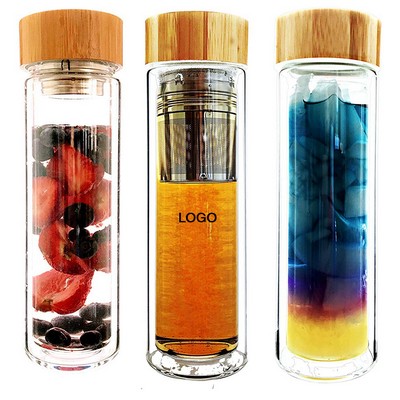 Custom 15 Oz. Insulated Double Wall Glass w/Infuser & Bamboo Lid