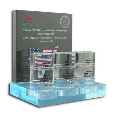 Oil Barrel Lucite® Embedment Award on Base (4 1/2" x 5 1/4" x 3 1/2")