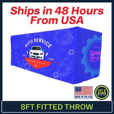 8' x 30"T x 36"H - 4 Sided Hemmed Fitted Table Throws - Dye Sublimation - Made in the USA