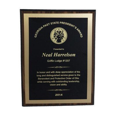 Walnut Finish Plaque w/Brass Plate & Gold Back Plate (9"x12")