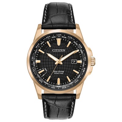 Citizen® Men's Eco-Drive World Time Watch W/ Black Leather Strap & Black Dial