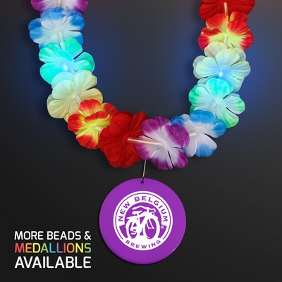 Rainbow Lei LED Flower Necklace with Purple Medallion - PRINTED