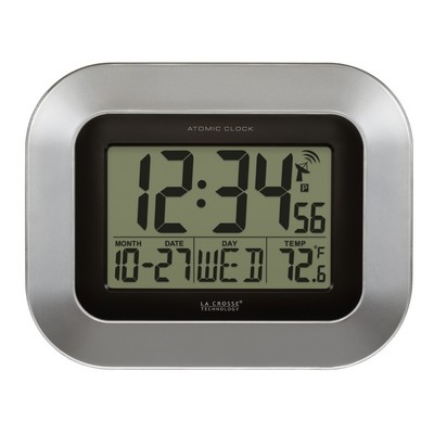 Silver Atomic Digital Wall Clock w/Indoor Temperature & Date