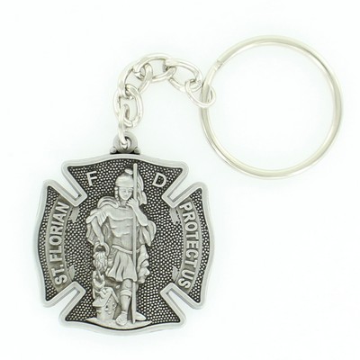 St. Florian Fire Fighter Antique Pewter Silver Finish Keychain
