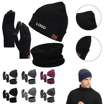 Winter Beanie Hat Scarf Touchscreen Gloves Set