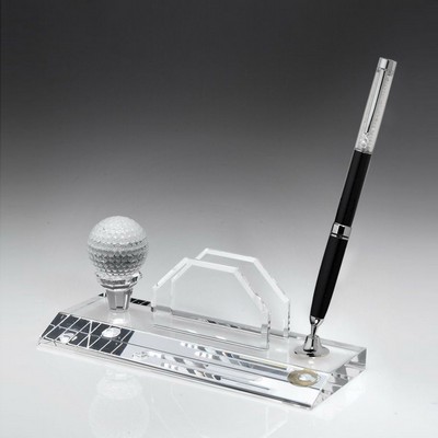 Black Ballpoint Pen Set - Crystal Desktop Award w/Card Holder
