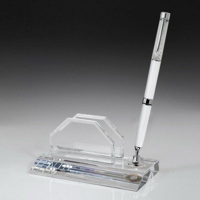 Crystal Business Card Holder Pen Set w/White Diamond Ballpoint Pen