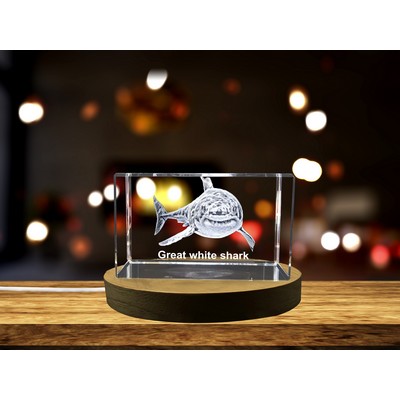 Great White Shark 3D Engraved Crystal Trophy Award w/LED Base