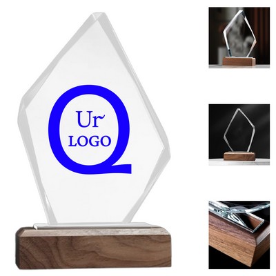Pentagonal K9 Crystal Award With Wooden Base