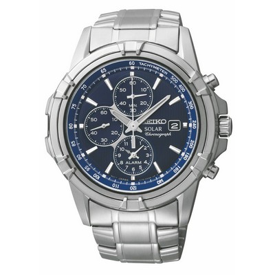 Seiko Watch Mens Solar Alarm Chronograph Silver Case Blue Dial