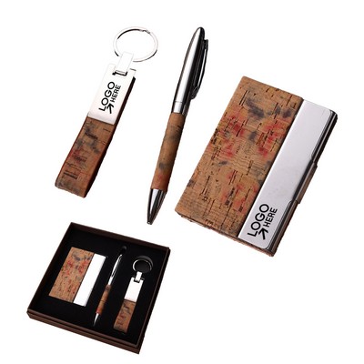 3-In-1 Cork Business Gift Set Business Card Case, Keyring And Ballpoint Pen
