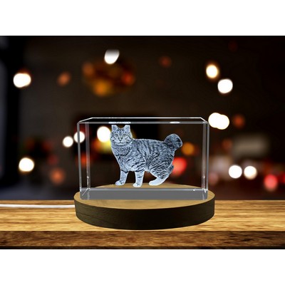 Bobtail Cat 3D Engraved Crystal Trophy Award w/LED Base - Gift for Cat Lovers
