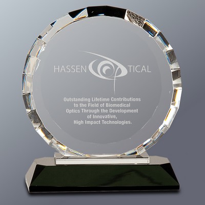 Crystal Circle with Rectangle Facets on Black Base, Small (4-3/4"x5-1/2"H)