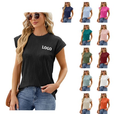 Round Neck Textured Short Sleeve Top for Women
