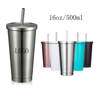 16 oz. Stainless Steel Insulated Vacuum Coffee Tumbler w/ Straw