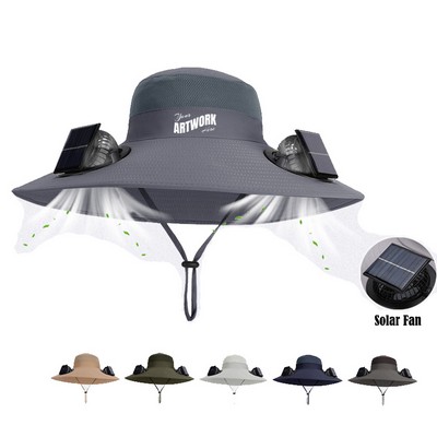 Dual Solar Fan Cooling Hat Outdoor Wide Brim Bucket Hat